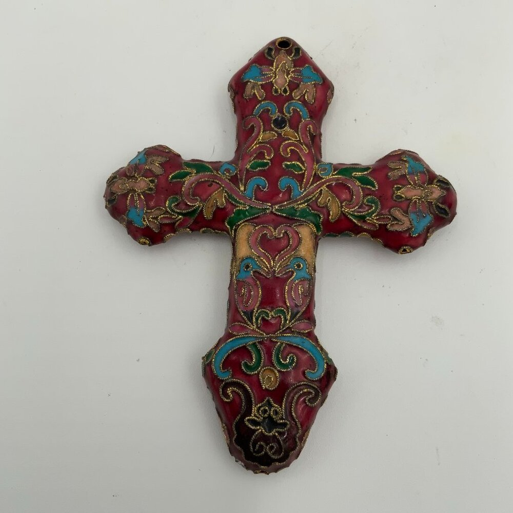 Multi Color Vintage Enameled Cloisonne Cross Ornament Birds, Hearts, Insect